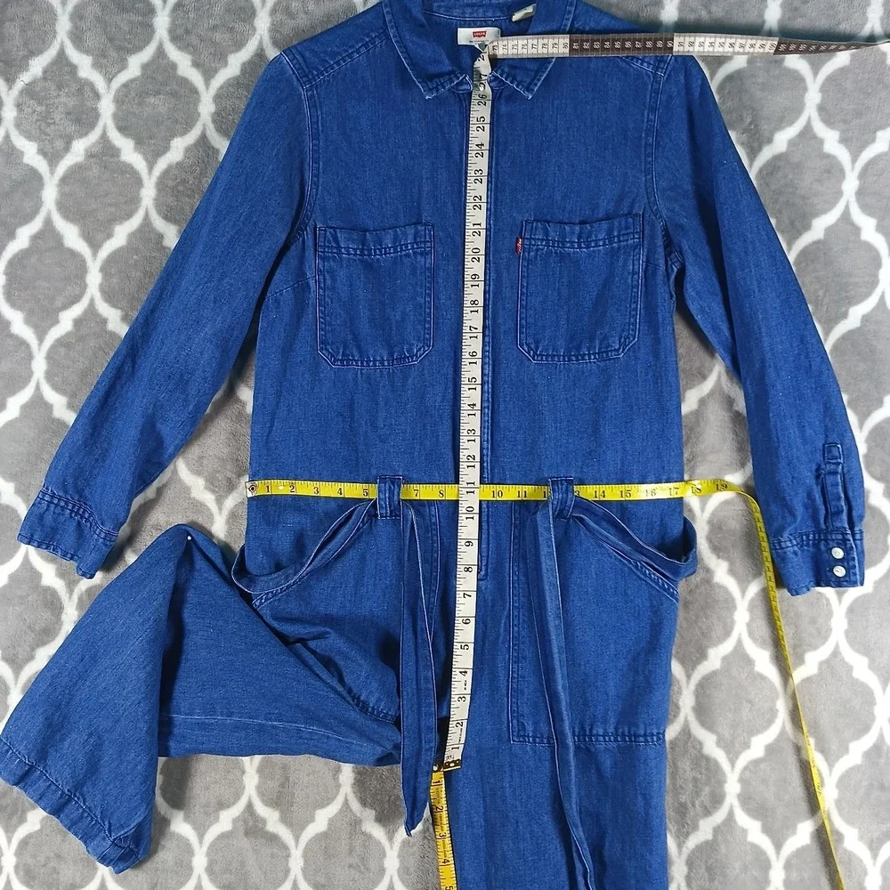 Levis Denim Jumpsuit Women Medium Blue Zip Front Tie Waist Utility Coveralls - Picture 4 of 13